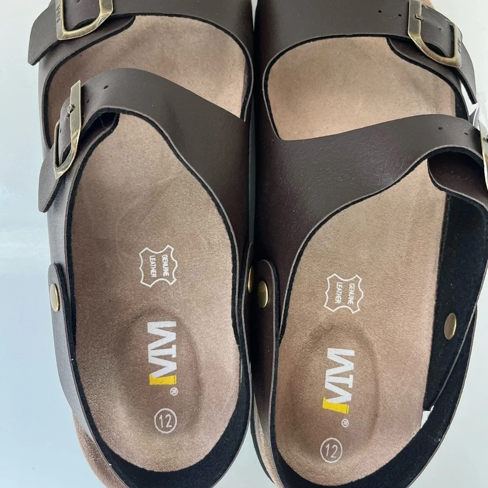 NEW Men's Size 12 Brown Leather Cork Footbed Sandals Slip on with Buckle Straps